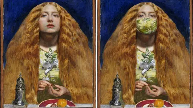 John Everett Millais’ The Bridesmaid, with the subject wearing a floral mask