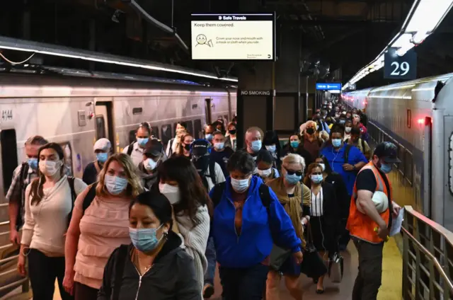 Commuters arrive at Grand Central Station with Metro-North during morning rush hour on June 8, 2020 in New York City.