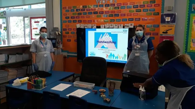 Handwashing demonstration at a school