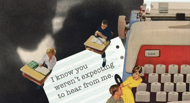 Typewriter with letter saying 'I know you weren't expecting to hear from me'