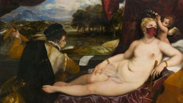 Painting of a nude woman wearing a face mask