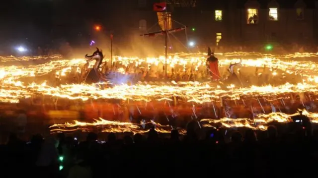 A Viking galley is burned as part of the annual event