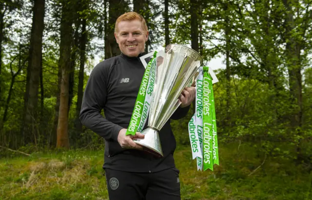 Celtic manager Neil Lennon with the Scottish Premiership trophy