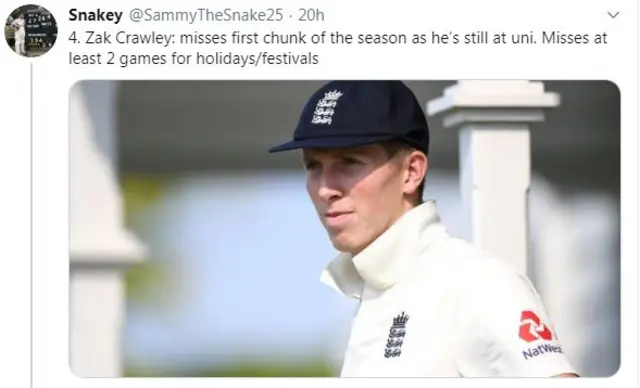 England's Zak Crawley likened to a club cricketer who is still at uni