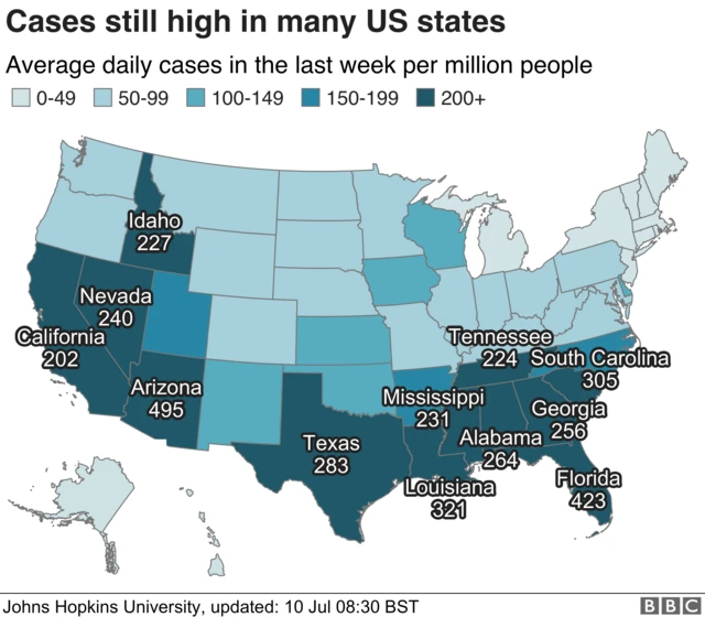 Map showing cases across US