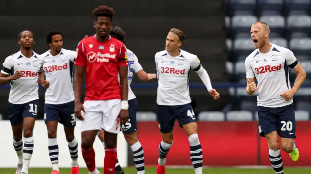 Preston celebrate their equaliser against Forest