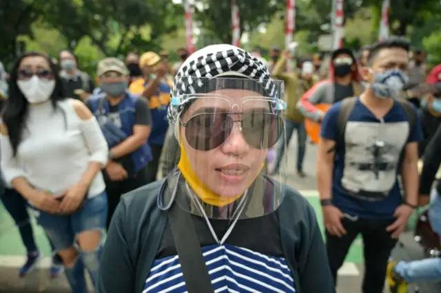 Indonesian musicians take part in a rally in front of City Hall in Jakarta on July 8, 2020,