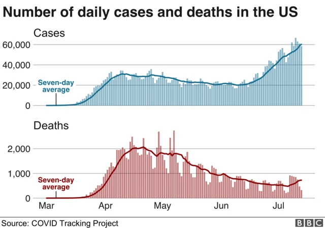 Number of daily cases and deaths in the US