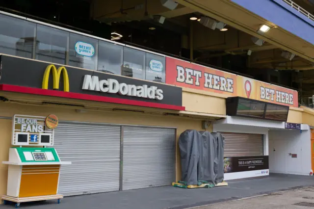 A closed McDonald's restaurant and betting area at Happy Valley Racecourse on July 8, 2020 in Hong Kong.