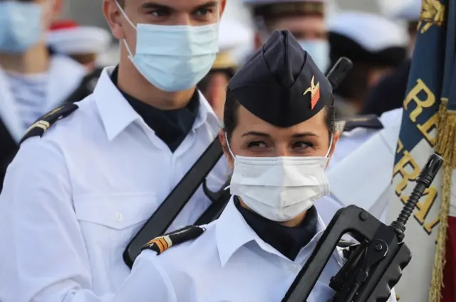 French soldiers gather for a Bastille Day ceremony