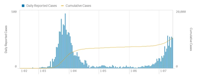 Map showing Australia's virus cases and virus curve