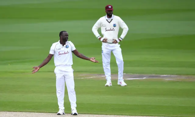 Kemar Roach of West Indies reacts during Day One of the 2nd Test Match in the #RaiseTheBat Series between England and The West Indies at Emirates Old Trafford