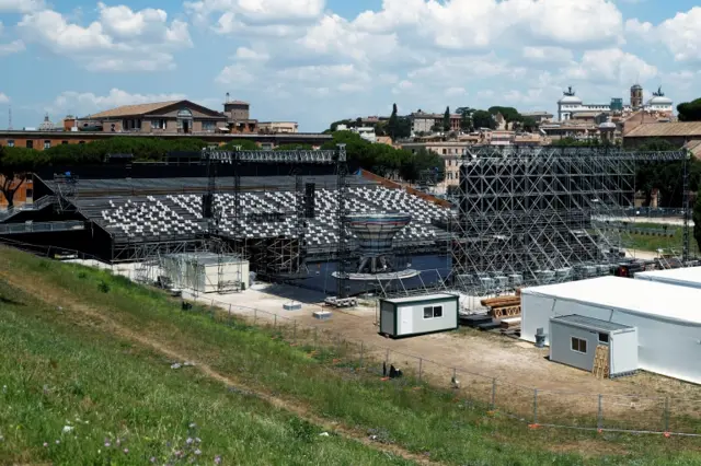 General view of the seating area and the stage at Circus Maximus for socially distanced Rome Opera House