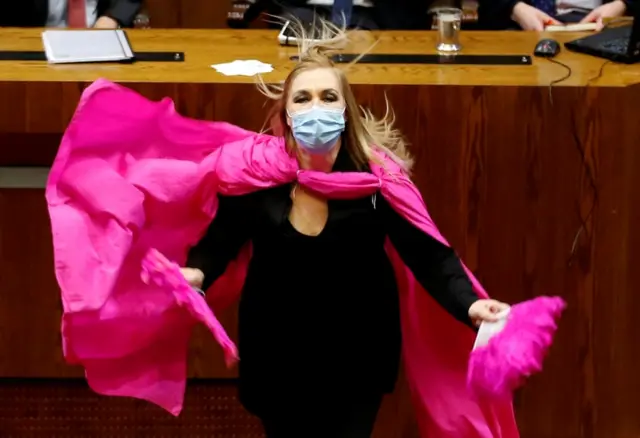 Chile"s opposition congresswoman Pamela Jiles celebrates the vote during a congressional session to reject a constitutional reform on pensions proposed by opposition lawmakers, amid the spread of the coronavirus disease (COVID-19), in Valparaiso, Chile July 15, 2020