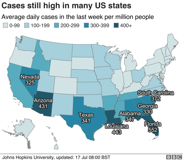 A map showing states where cases are high