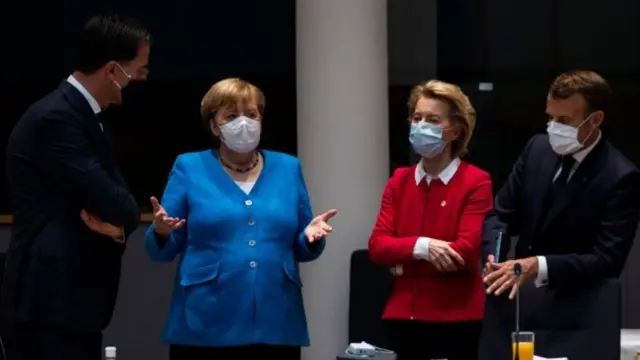 Angela Merkel, with Mark Rutte, Ursula von der Leyen and Emmanuel Macron