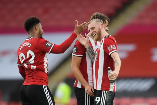 Sheffield United's Oliver McBurnie and Lys Mousset