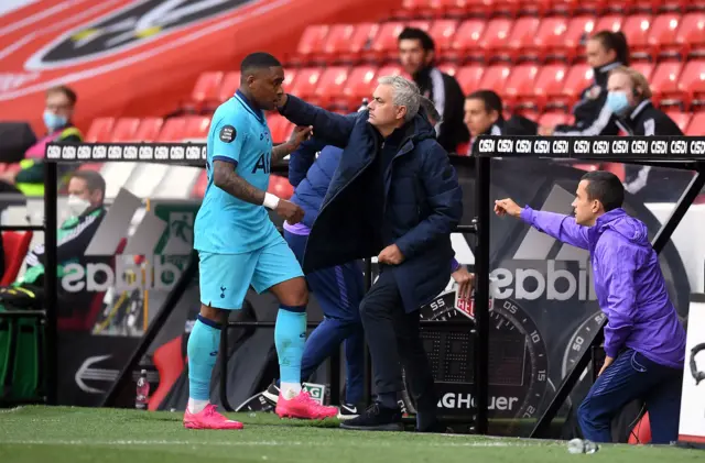 Tottenham Hotspur manager Jose Mourinho and Steven Bergwijn