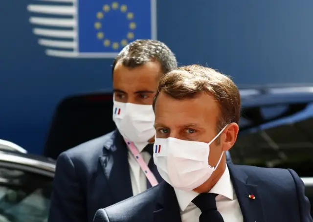 French President Emmanuel Macron arrives for the fourth day of the European Council meeting in Brussels, Belgium, on 20 July 2020