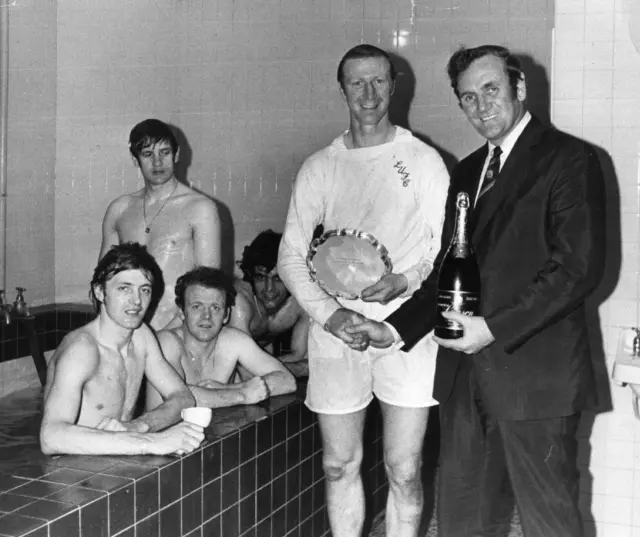 Charlton and Don Revie in bathroom