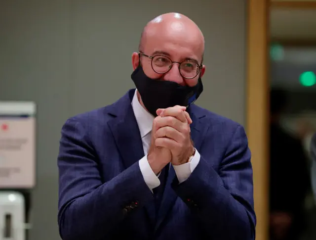 European Council President Charles Michel gestures during the last round-table discussion following a four-day EU summit