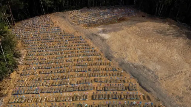 Aerial view showing graves in the Nossa Senhora Aparecida cemetery in Manaus, Brazil