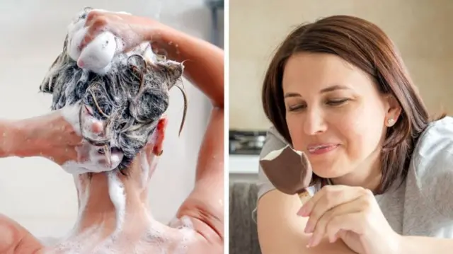 A woman washing her hair, and another eating an ice cream