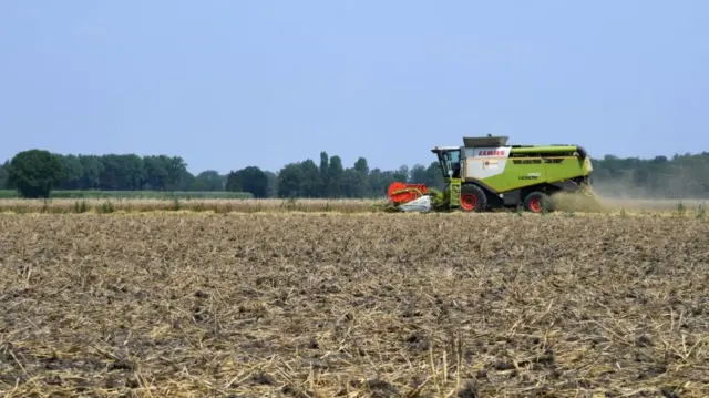 A combine harvester near the small Bavarian village of Germering, southern Germany, in 2018