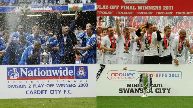 Cardiff won their Second Division play-off final in 2003 (left), while Swansea triumphed in the 2011 Championship play-off final (right)