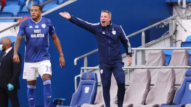 Neil Harris manager of Cardiff City shouts instructions
