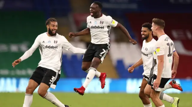 Neeskens Kebano of Fulham celebrates scoring his sides second goal