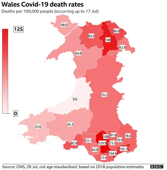 Map showing the number of deaths in Wales