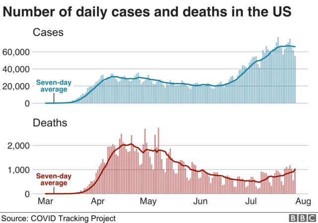 Graph showing daily cases and deaths in the US