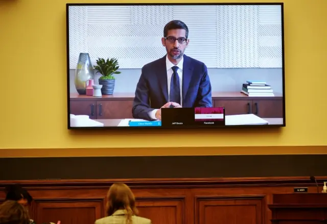 Sundar Pichai appears on screen in Congress