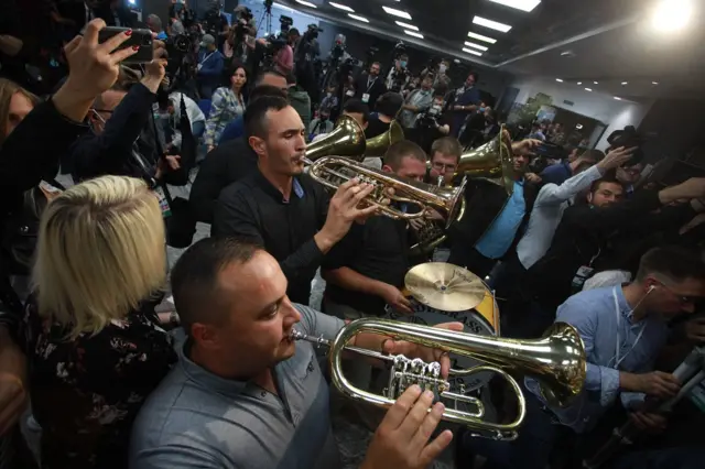 Supporters celebrate as Serbian President and the leader of the Serbian Progressive Party (SNS) Aleksandar Vucic declares an election win in Belgrade, Serbia, on 21 June 2020.