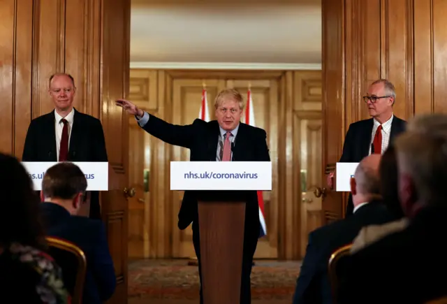 Boris Johnson, Chris Whitty and Sir Patrick Vallance at Downing Street