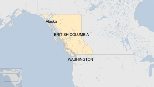 Map of British Columbia showing borders with US states of Alaska and Washington