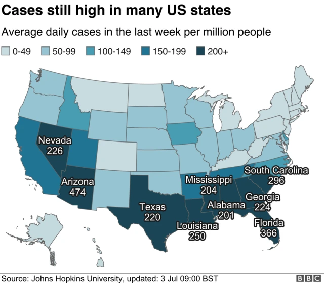 Map of US showing surge in cases per state