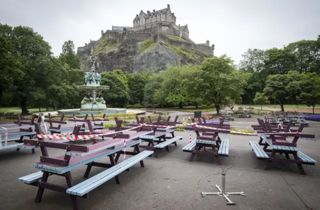 Outdoor seating near Edinburgh Castle in June