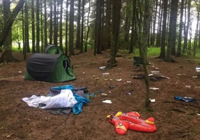 Litter strewn campsite