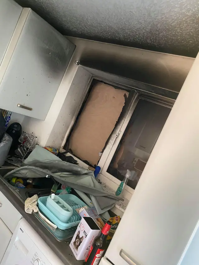 Inside the damaged kitchen