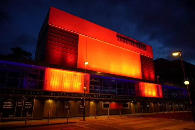 Norwich Theatre Royal in red light