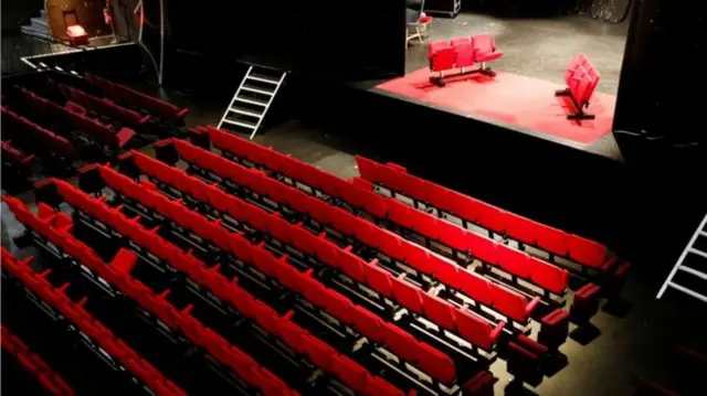 The inside of an empty theatre with red seating