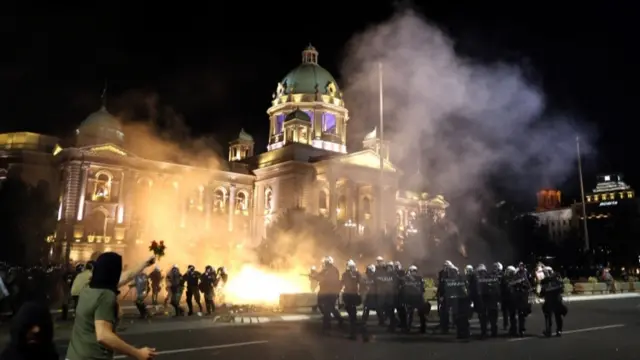 Protesters and police in Belgrade