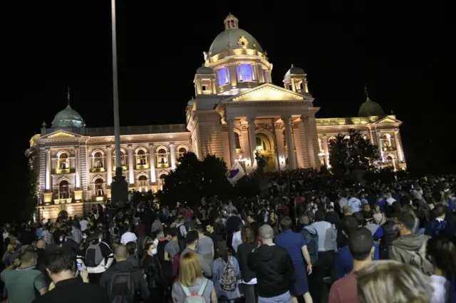 Protesters gather in front of the Serbian Parliament building in Belgrade