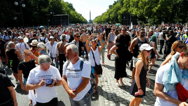 Protesters gather in Berlin on 01 August 2020