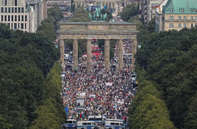 Protesters gather in Berlin on 01 August 2020