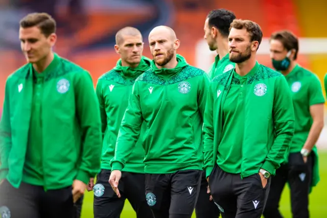 Hibs players stroll across the Tannadice pitch