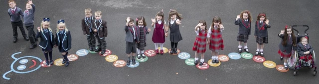 Connor and John Branchfield, Alice and Penny Beer, Ben and Josh Cairns, Stuart and Emily Miller, Malena and Lola Perez, Aria and Isla McLaughlin, Eva and Iona Metcalfe and Lianna and Kali Ptolomey, eight sets of twins from the Inverclyde area, pose for a photograph ahead of their first day at school.