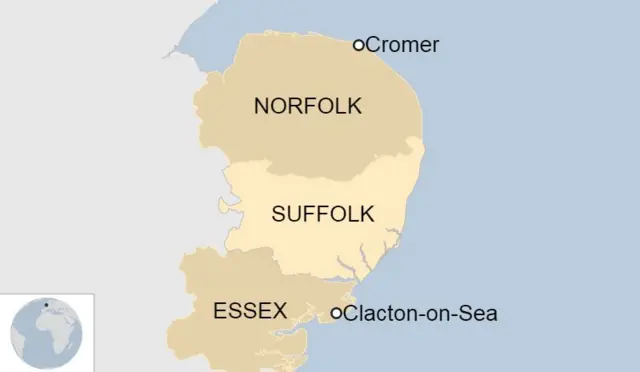 Map showing Cromer and Clacton-on-Sea